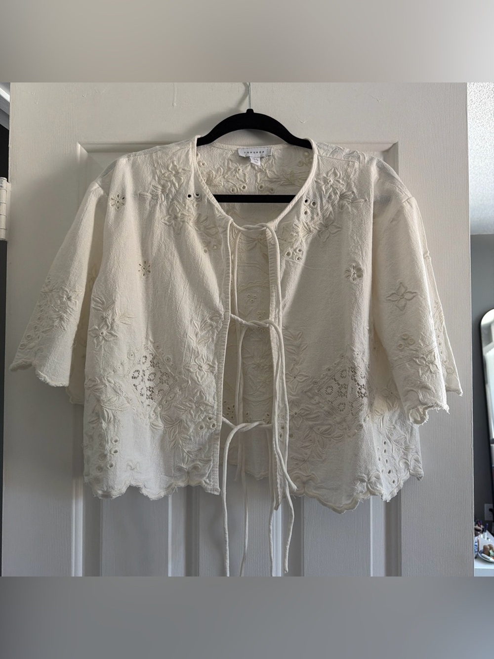 Topshop Ivory Embroidered Tie-Front Tunic